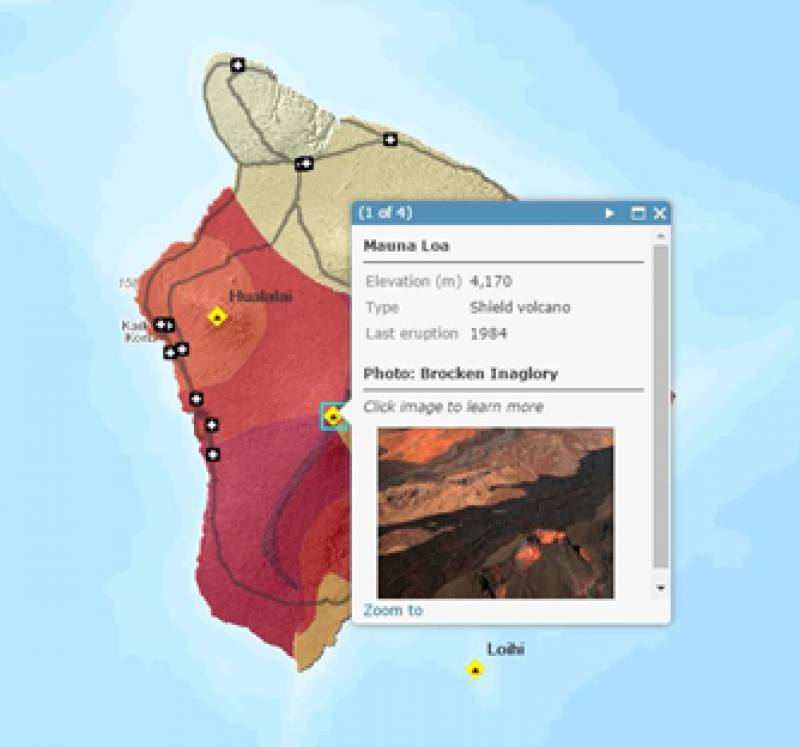 A screenshot from ArcGIS Online showing Mauna Loa symbolized by lava flow hazard