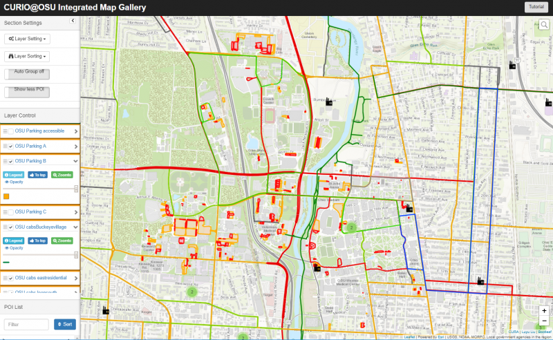 Screen capture showing the CURIO Map Gallery with several layers visible including OSU campus bus routes and parking lots