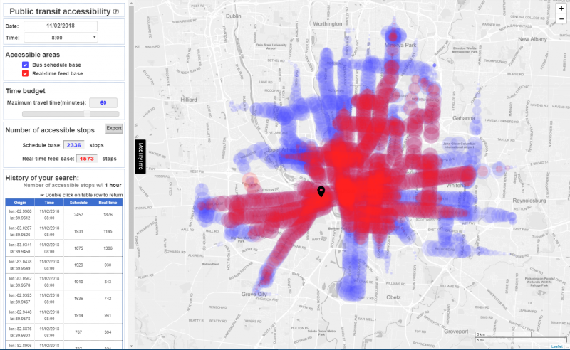 Screen capture of CURIO's transit accessibility visualization tool showing the bus stops that are accessible in 60 minutes from an origin location in Franklinton based on schedule (in blue) and realtime bus location data (in red). 