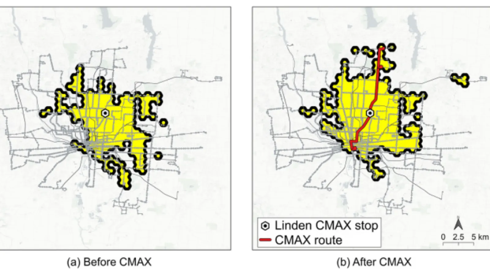 Robust accessibility (a) before and (b) after the CMAX construction.