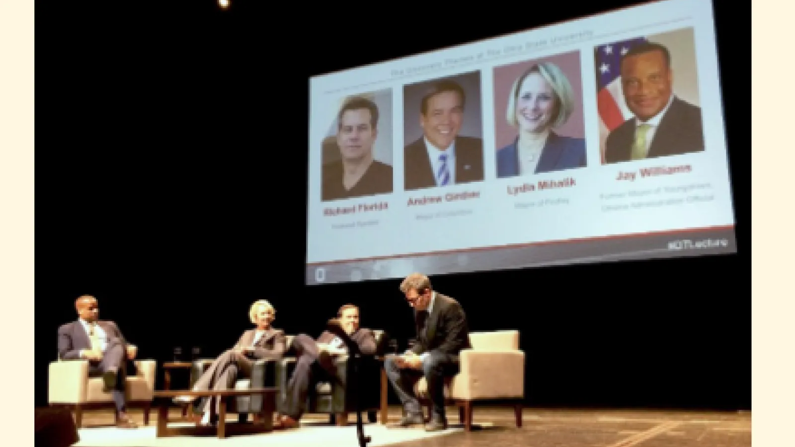Florida conducted a panel at the Mershon Center, with Mayors Andrew Ginther (Columbus), Lydia Mihalik (Findlay), and former Mayor Jay Williams (Youngstown).