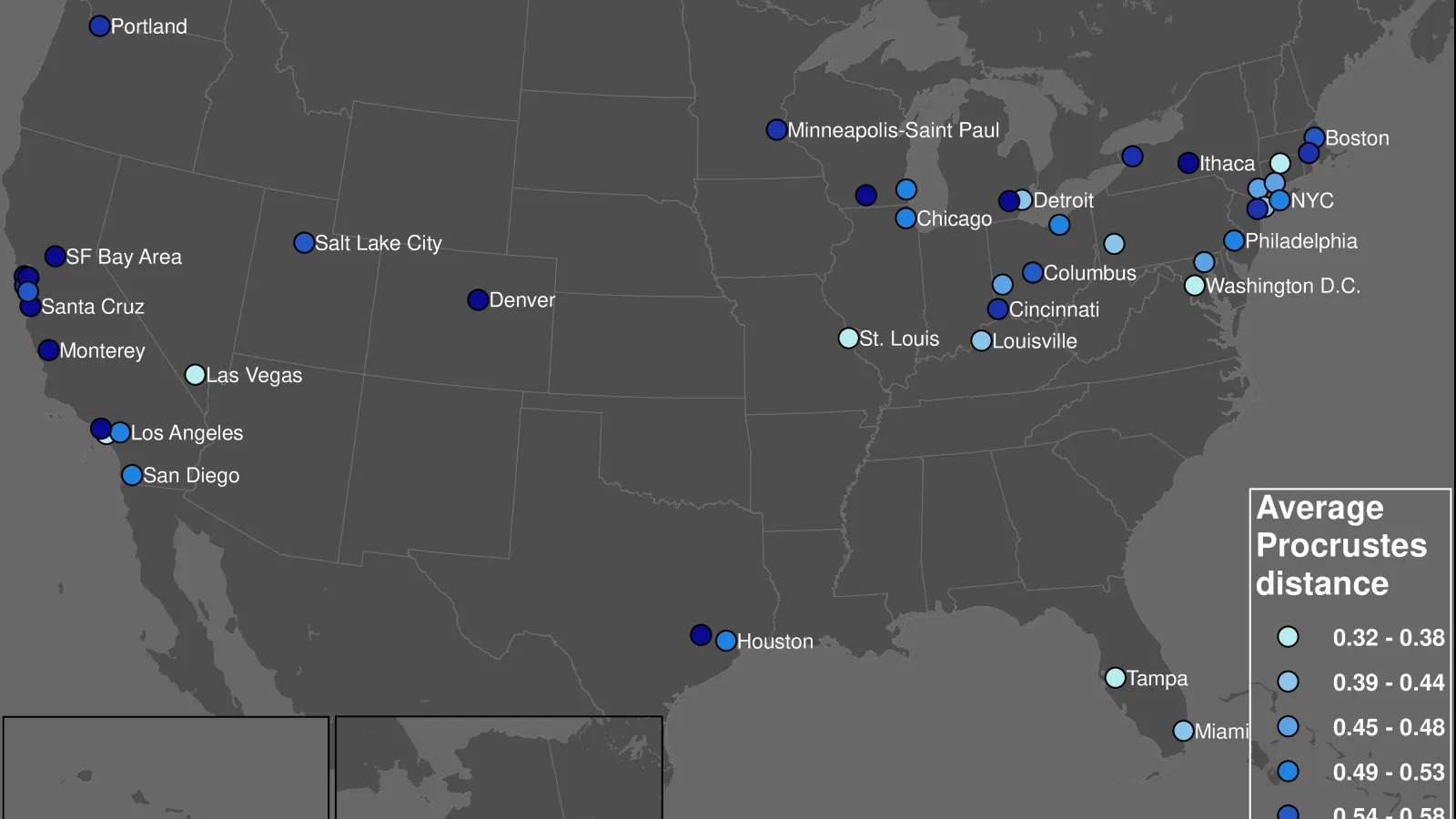  Geographic distribution average Procrustes distance between normal and pandemic weekday hourly demand curves.