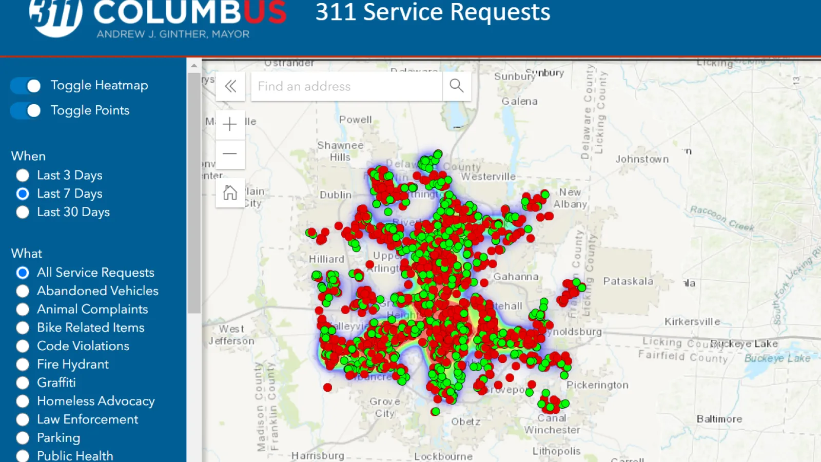 City of Columbus 311 calls hotspot map