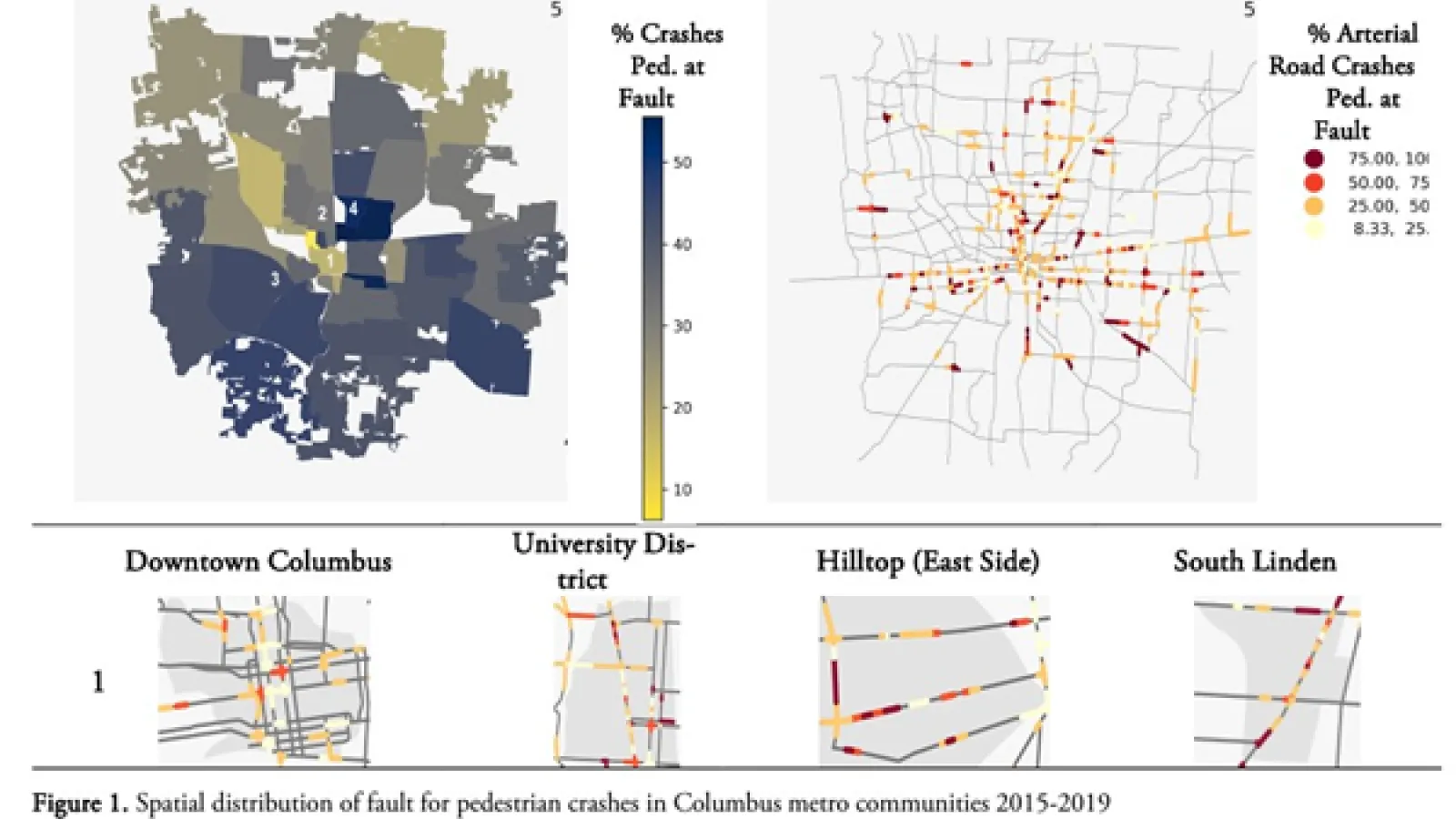 Spatial distribution of fault for pedestrian crashes in Columbus metro