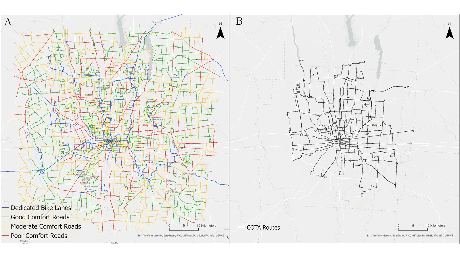 Maps of buses and bike routes in Columbus, Ohio
