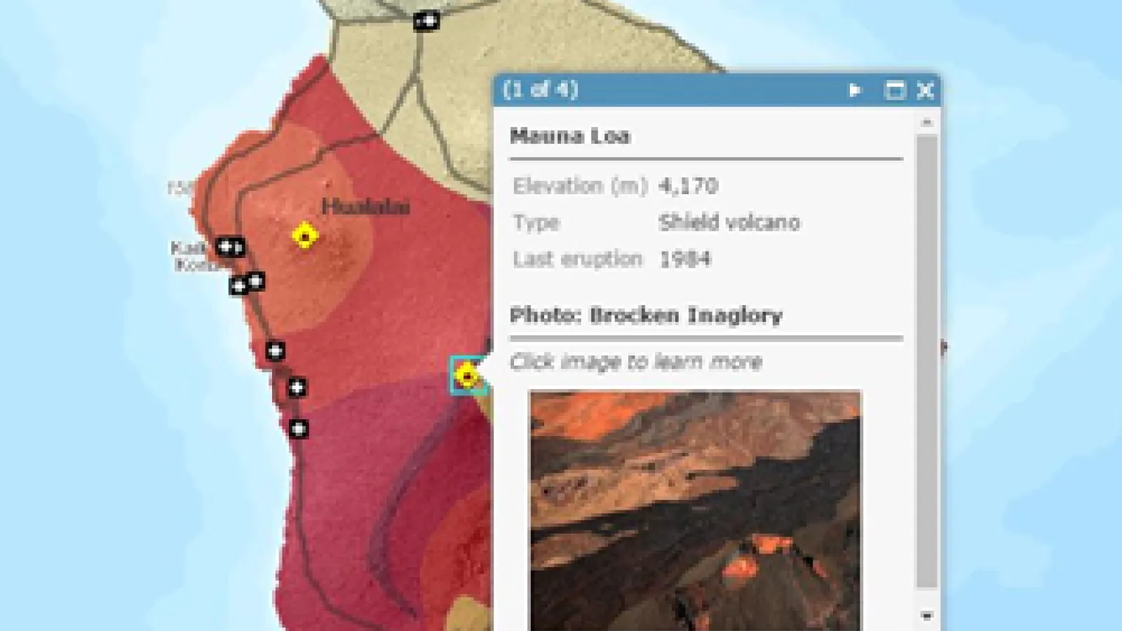 A screenshot from ArcGIS Online showing Mauna Loa symbolized by lava flow hazard