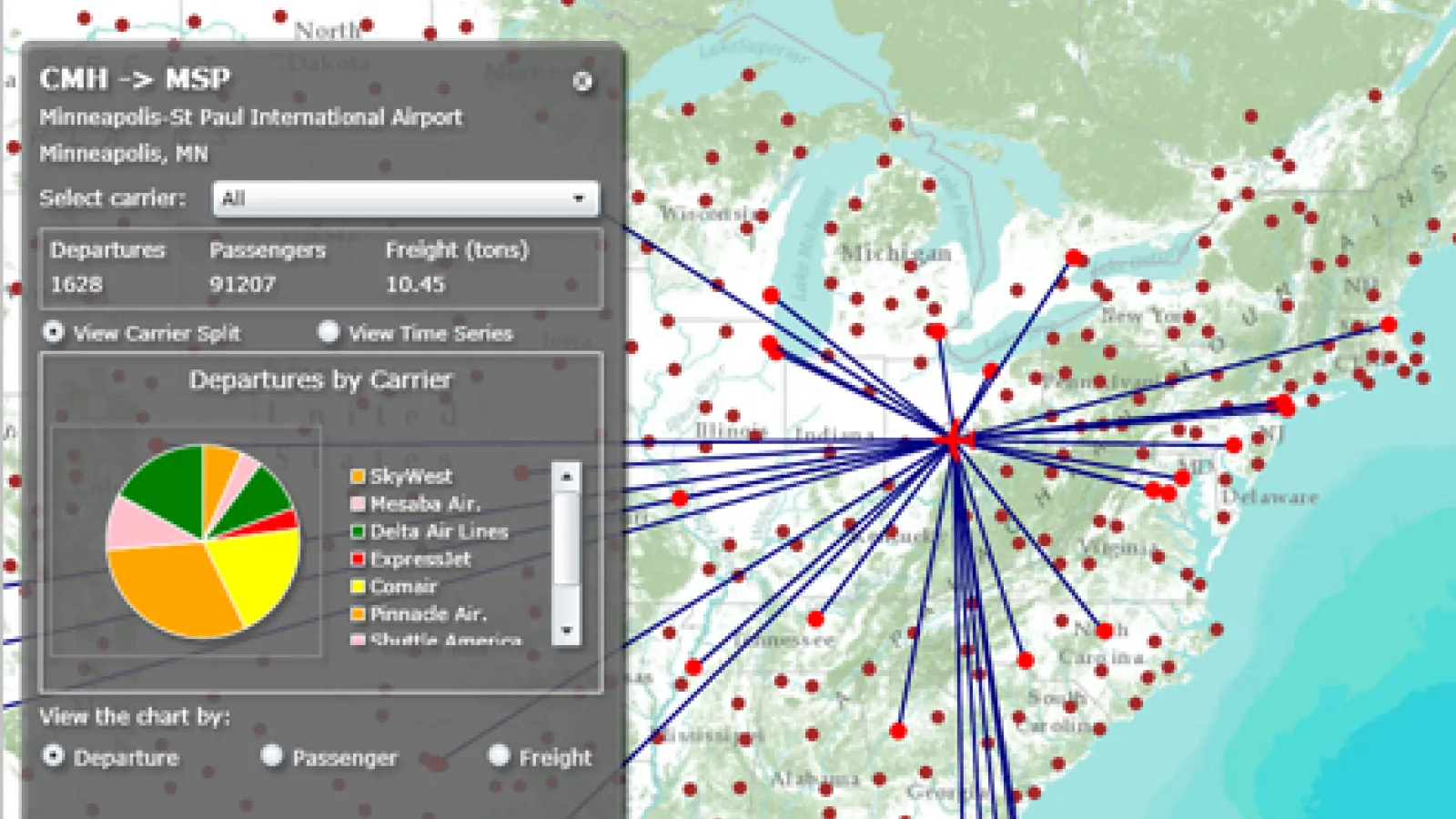 ESRI Silverlight API showing Airline T100 Data 