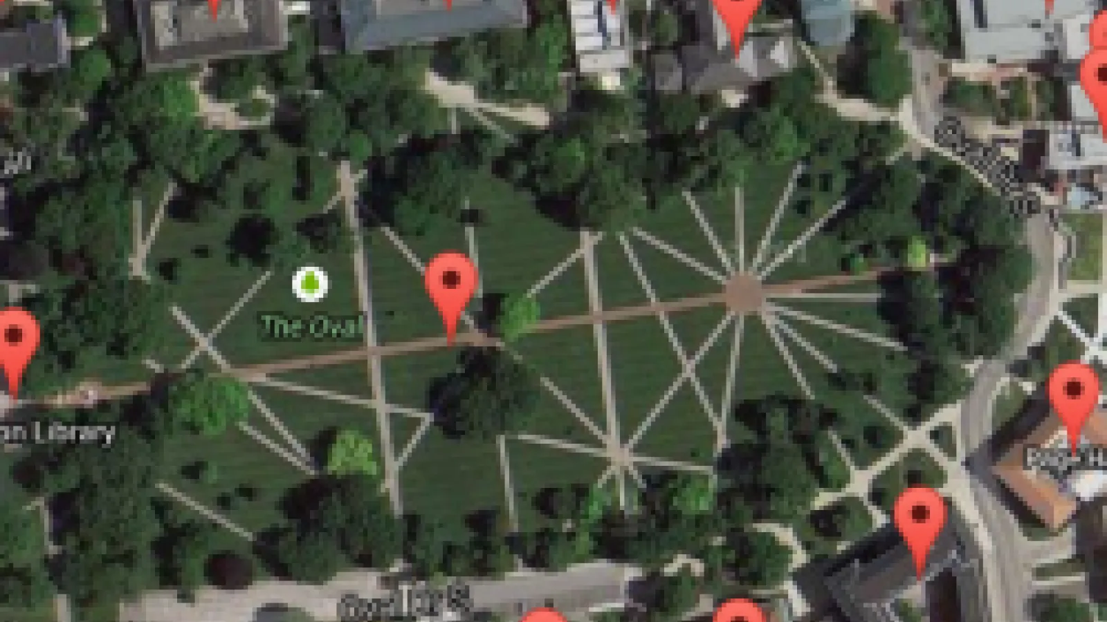 Aerial view of The Oval with map markers