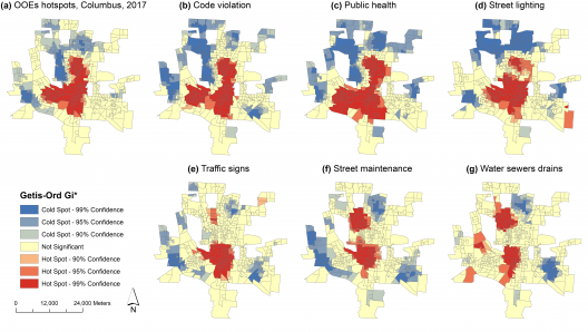 the actual spatial distribution of OOE hot spots and cold spots in Columbus, 2017. The remaining maps show the three most accurate predictors based on predict accuracy: code violation (b), public health (c) and street lighting (d). Figure also shows the three most inaccurate predictions: traffic signs, street maintenance, and waters sewers drains in Fig. e–g, respectively. (Li et al., 2020)