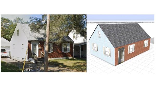photo of cape cod home on left with a CityEngine-constructed cape cod on right. 