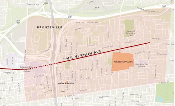 map showing a highlighted Mt. Vernon Avenue