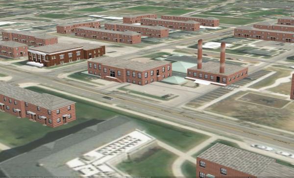 Close-up of virtual 3D reconstructed buildings.