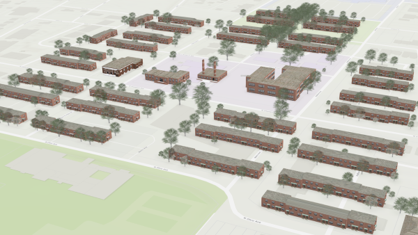 Aerial view of Poindexter Village model