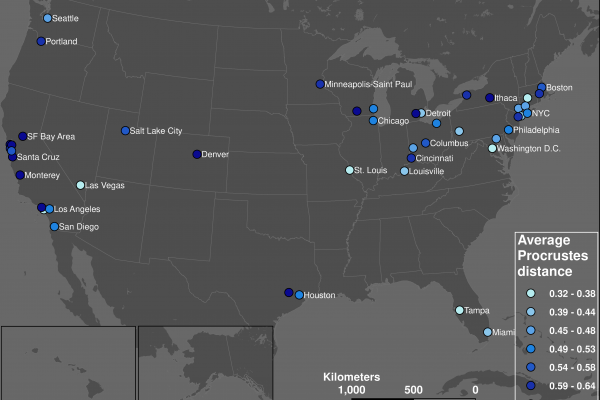 Geographic distribution average Procrustes distance between normal and pandemic weekday hourly demand curves.