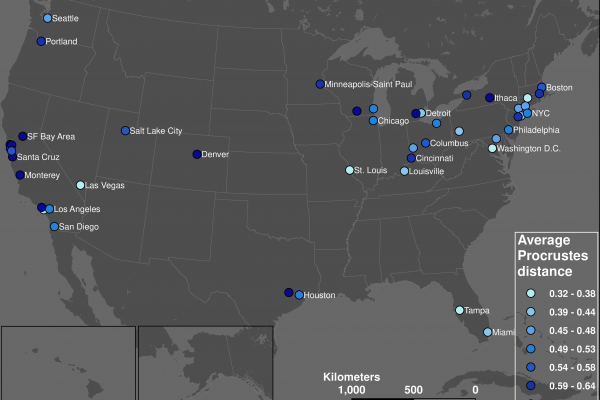  Geographic distribution average Procrustes distance between normal and pandemic weekday hourly demand curves.