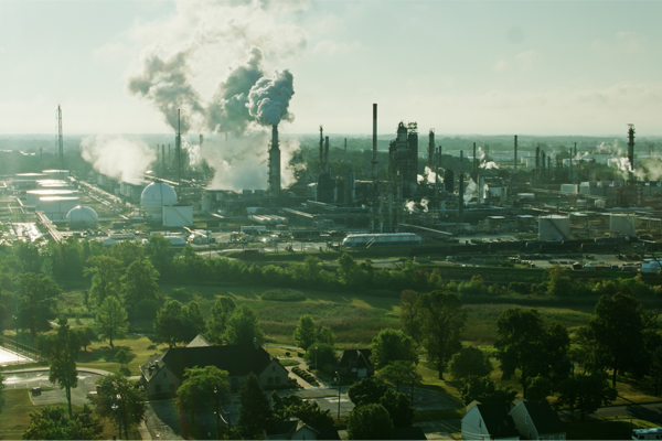 A neighborhood in east Toledo, Ohio, with an oil refinery in the background.