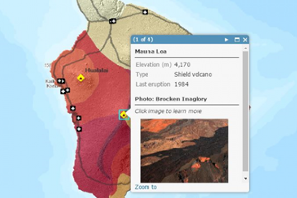 A screenshot from ArcGIS Online showing Mauna Loa symbolized by lava flow hazard