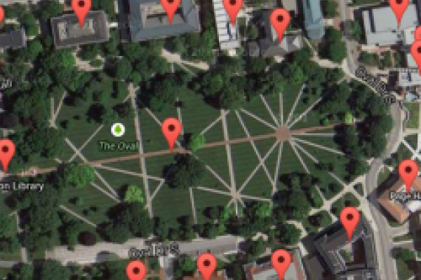 Aerial view of The Oval with map markers