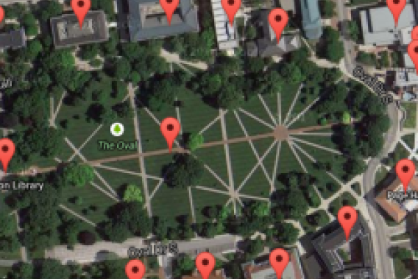 Aerial view of The Oval with map markers Aerial view of The Oval with map markers