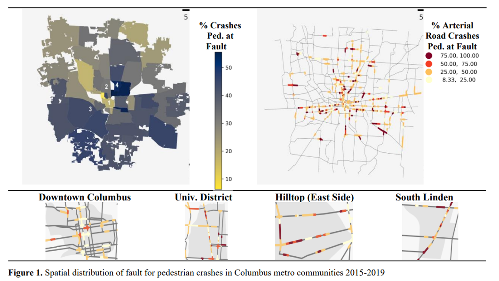 Graphs showing spatial distribution of crashes in Columbus, OH