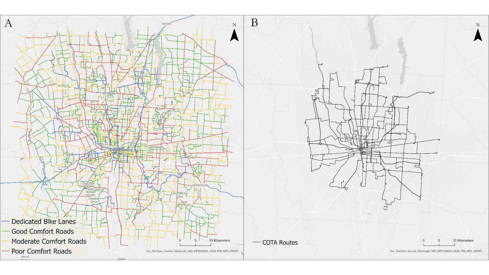 Maps of buses and bike routes in Columbus, Ohio