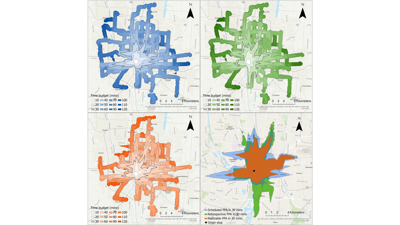 Map comparing transit accessibility models in Columbus, OH