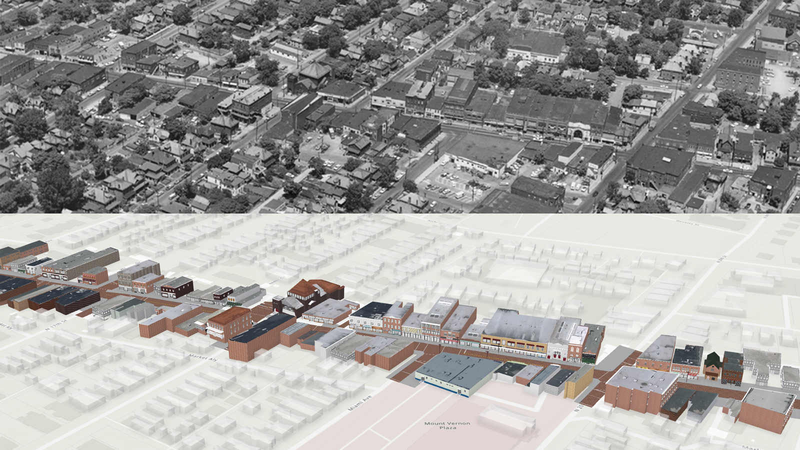 Aerial comparison of photo and Ghost Neighborhoods model